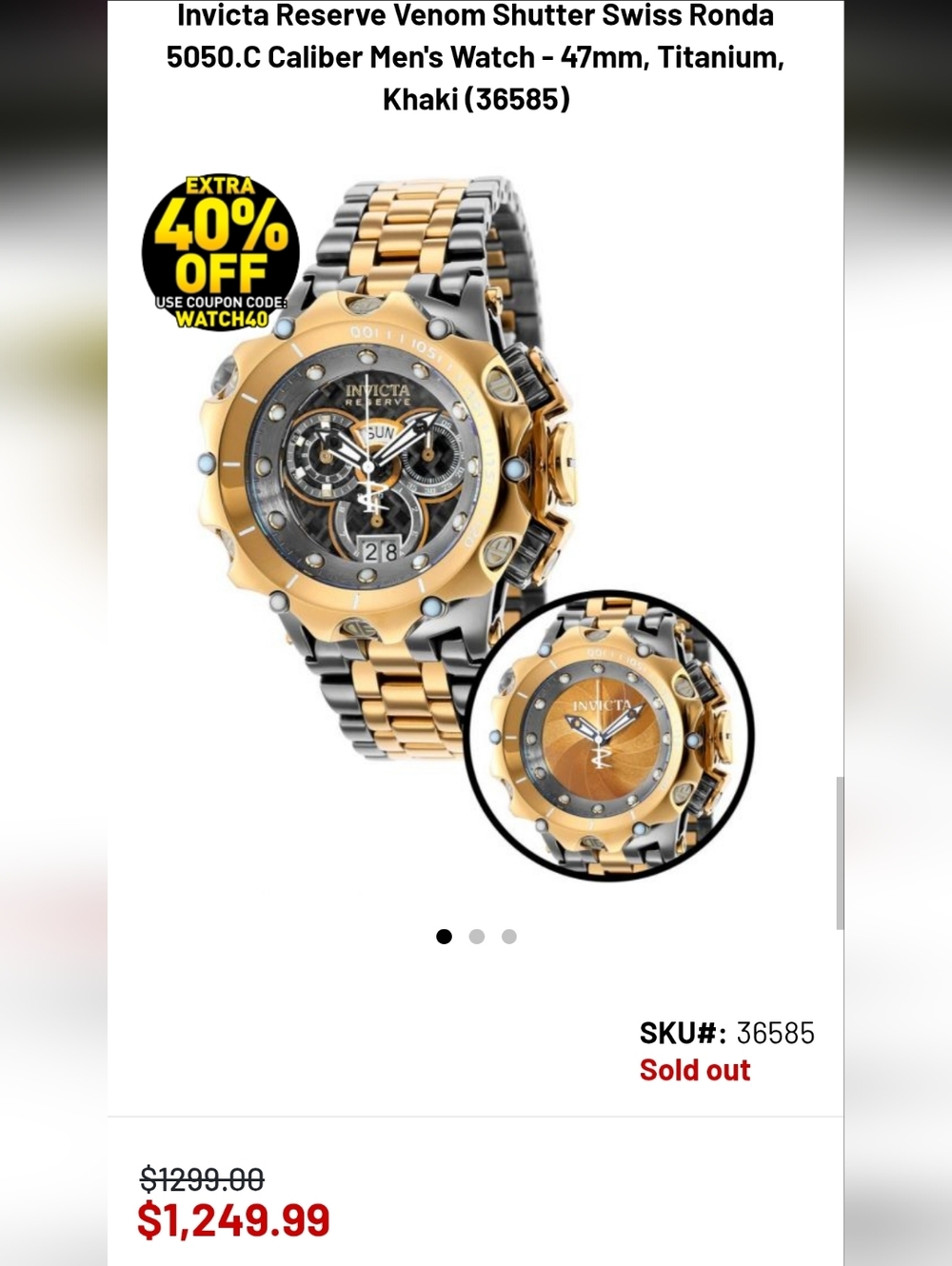 Invicta Reserve Venom Shutter Model 36585 Swiss Ronda 5050.C Quartz Chronograph - Picture 9 of 9